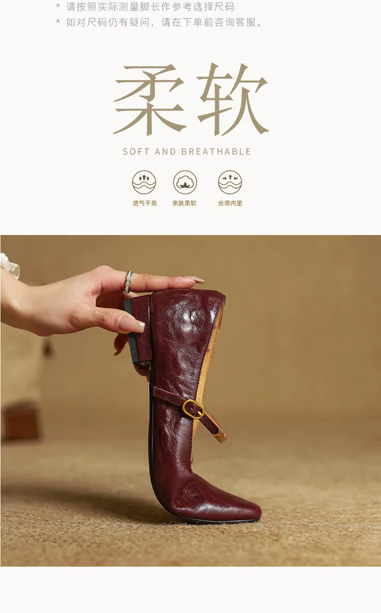 Spring and Autumn Low-Heeled Single Shoes, Square Toe, Buckle, Comfortable Sheepskin Women's Shoes, Wine Red, Black, Brown