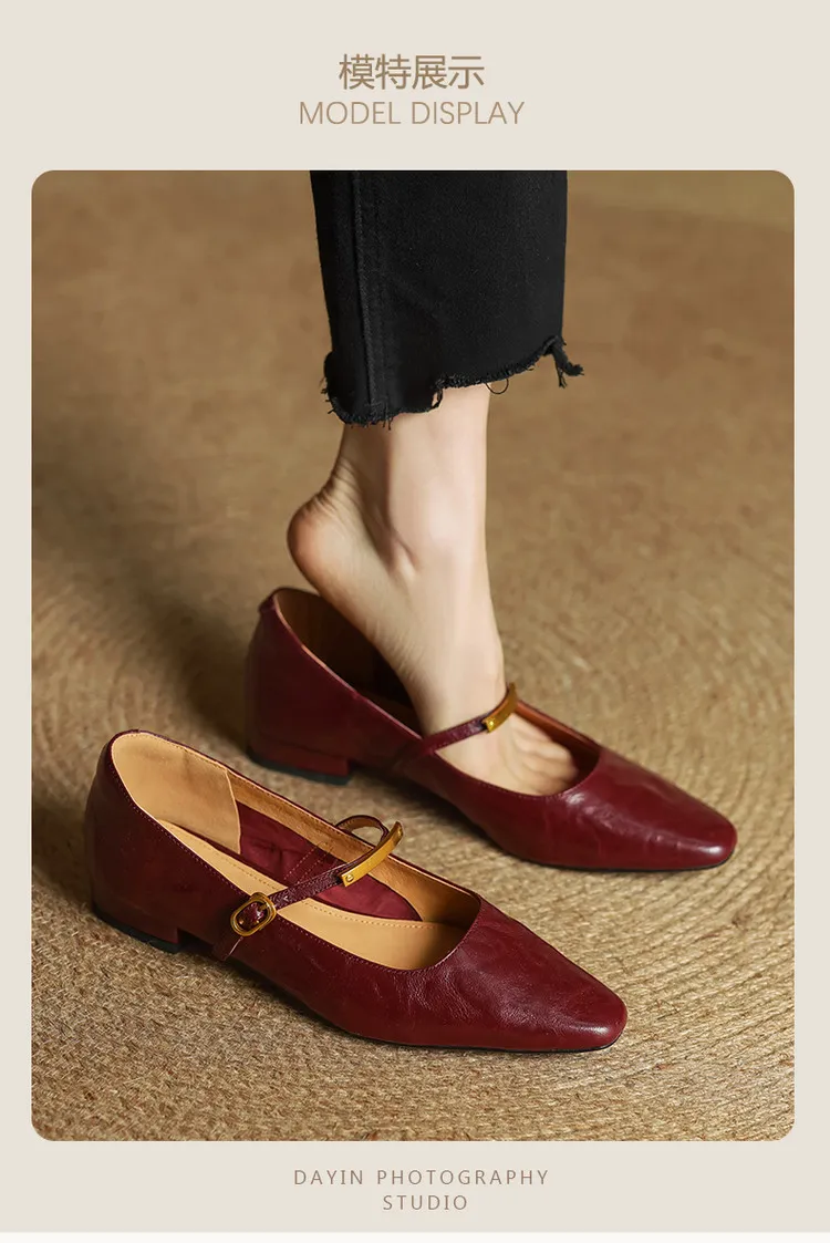 Spring and Autumn Low-Heeled Single Shoes, Square Toe, Buckle, Comfortable Sheepskin Women's Shoes, Wine Red, Black, Brown