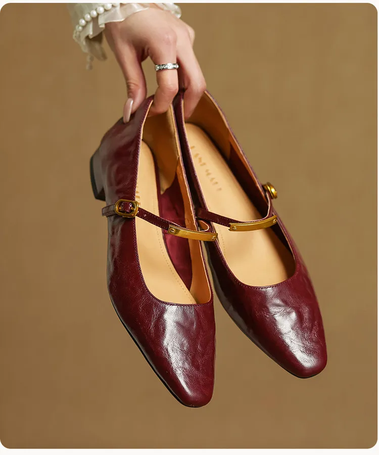 Spring and Autumn Low-Heeled Single Shoes, Square Toe, Buckle, Comfortable Sheepskin Women's Shoes, Wine Red, Black, Brown