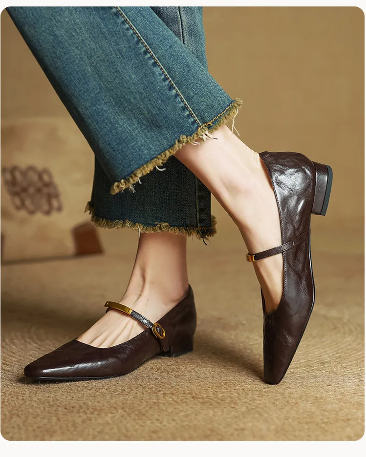 Spring and Autumn Low-Heeled Single Shoes, Square Toe, Buckle, Comfortable Sheepskin Women's Shoes, Wine Red, Black, Brown