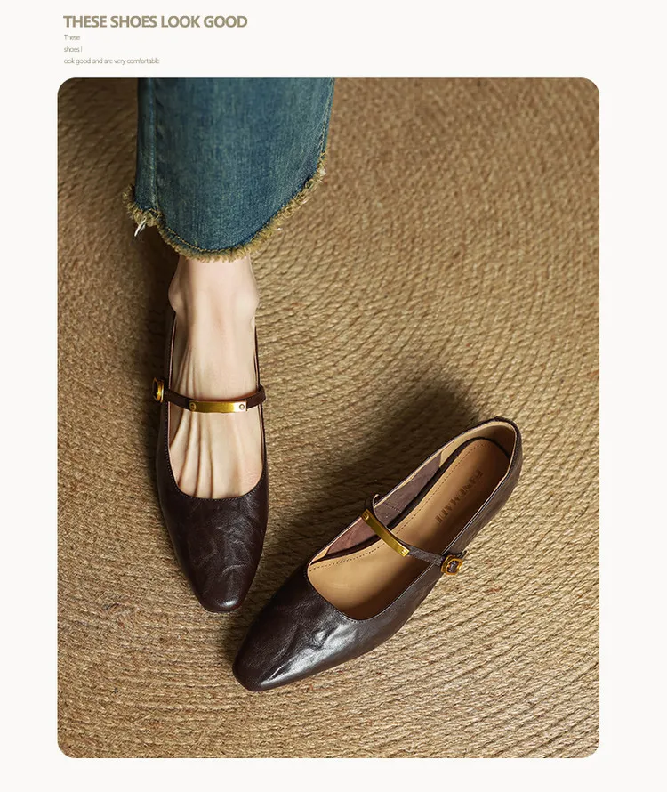 Spring and Autumn Low-Heeled Single Shoes, Square Toe, Buckle, Comfortable Sheepskin Women's Shoes, Wine Red, Black, Brown