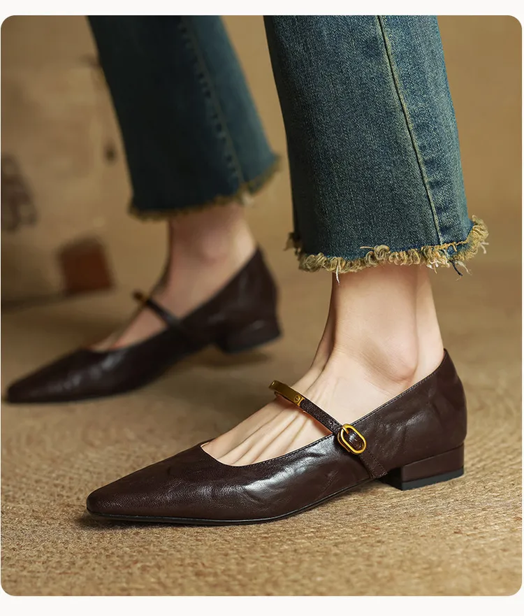 Spring and Autumn Low-Heeled Single Shoes, Square Toe, Buckle, Comfortable Sheepskin Women's Shoes, Wine Red, Black, Brown