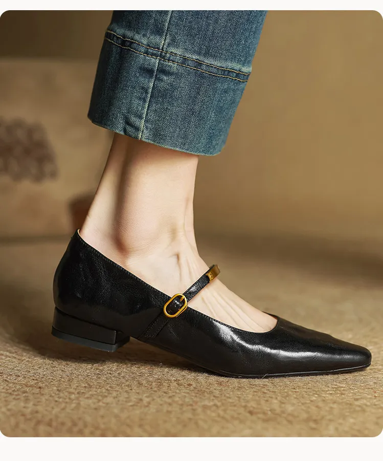 Spring and Autumn Low-Heeled Single Shoes, Square Toe, Buckle, Comfortable Sheepskin Women's Shoes, Wine Red, Black, Brown