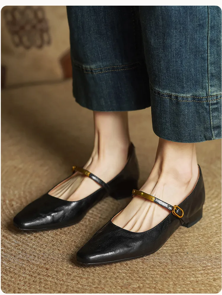 Spring and Autumn Low-Heeled Single Shoes, Square Toe, Buckle, Comfortable Sheepskin Women's Shoes, Wine Red, Black, Brown