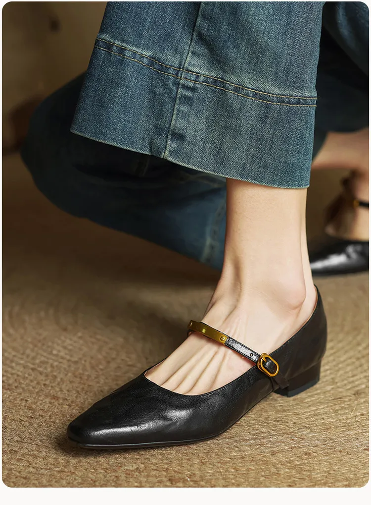 Spring and Autumn Low-Heeled Single Shoes, Square Toe, Buckle, Comfortable Sheepskin Women's Shoes, Wine Red, Black, Brown