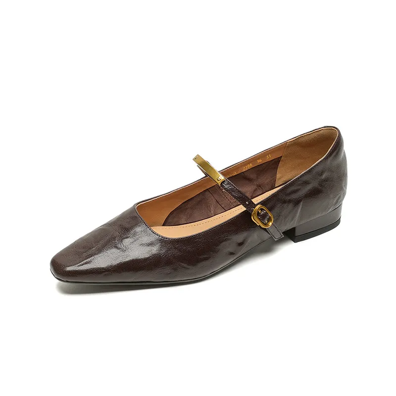 Spring and Autumn Low-Heeled Single Shoes, Square Toe, Buckle, Comfortable Sheepskin Women's Shoes, Wine Red, Black, Brown