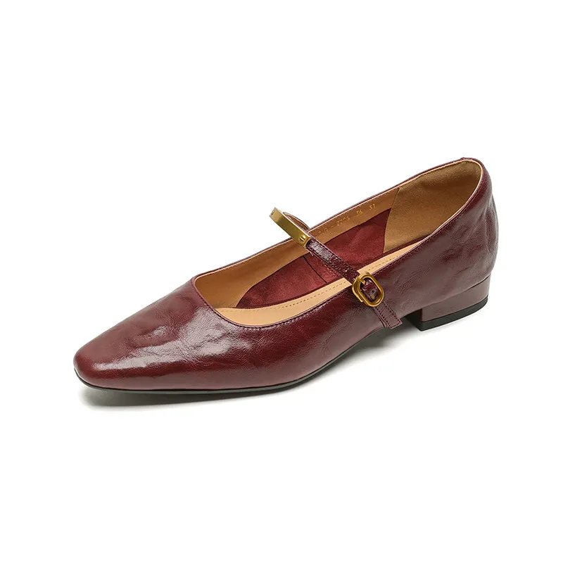 Spring and Autumn Low-Heeled Single Shoes, Square Toe, Buckle, Comfortable Sheepskin Women's Shoes, Wine Red, Black, Brown