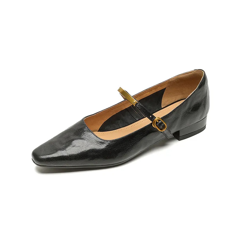 Spring and Autumn Low-Heeled Single Shoes, Square Toe, Buckle, Comfortable Sheepskin Women's Shoes, Wine Red, Black, Brown