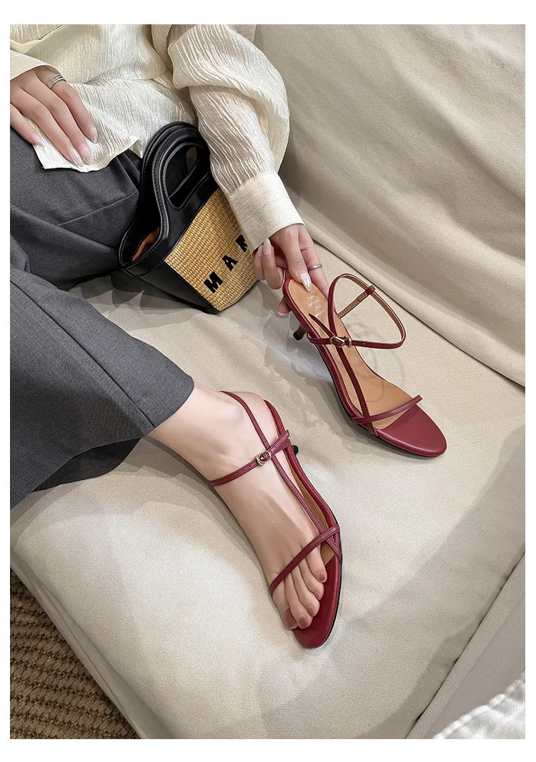 4cm kitten heel, top-grain cowhide, elegant open-back sandals, summer open-toe strappy cross-strap women's shoes
