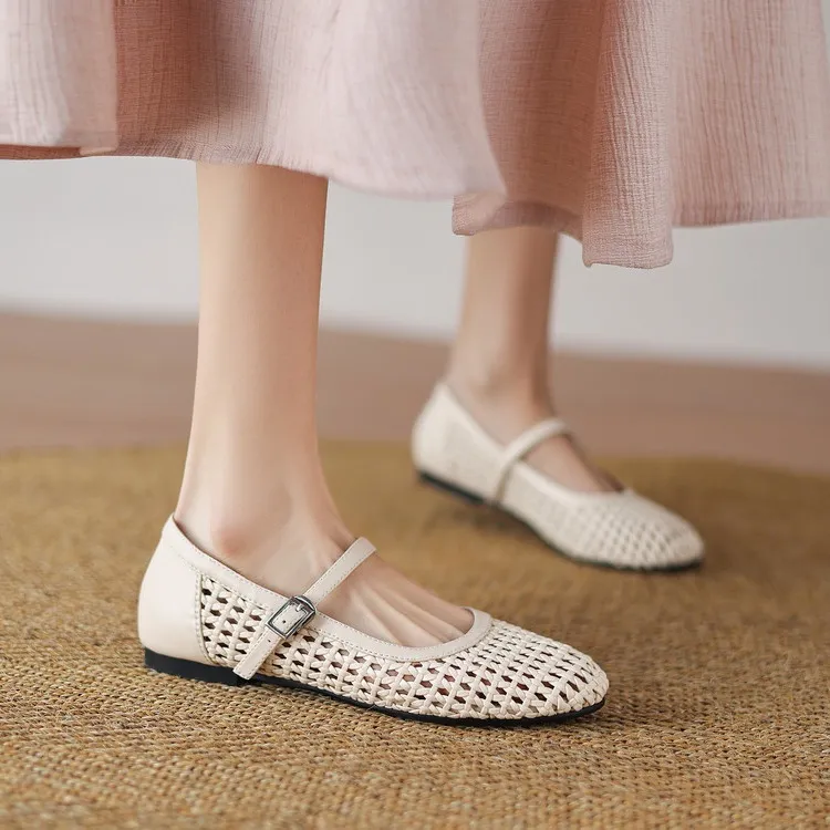 Summer 1cm low-heeled hollowed-out woven mesh single shoe with one buckle, silver flat Mary Jane women's shoes