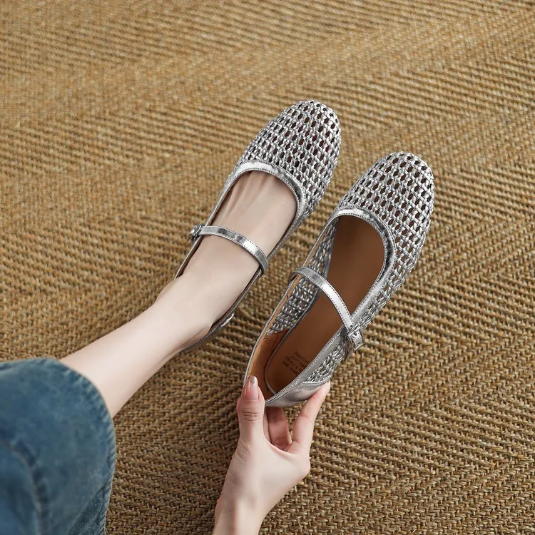 Summer 1cm low-heeled hollowed-out woven mesh single shoe with one buckle, silver flat Mary Jane women's shoes