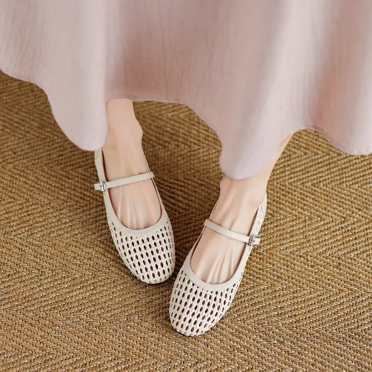 Summer 1cm low-heeled hollowed-out woven mesh single shoe with one buckle, silver flat Mary Jane women's shoes
