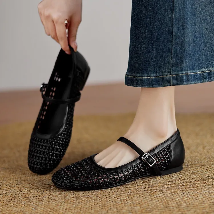 Summer 1cm low-heeled hollowed-out woven mesh single shoe with one buckle, silver flat Mary Jane women's shoes