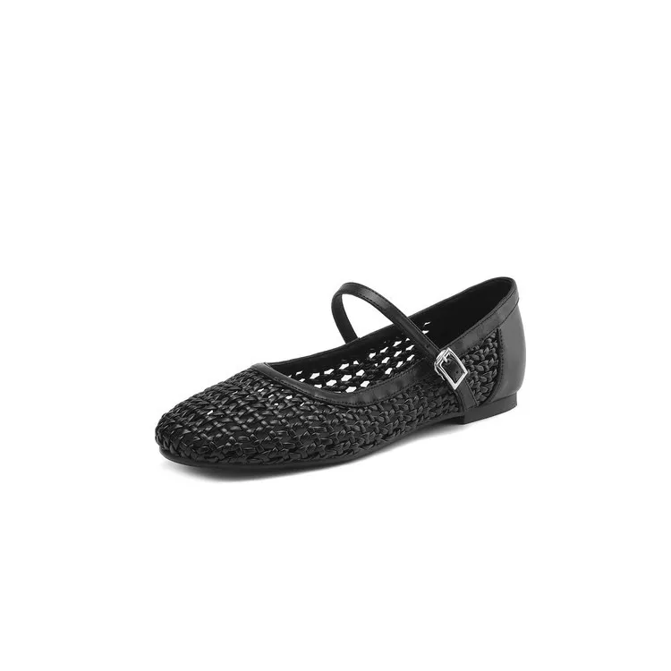 Summer 1cm low-heeled hollowed-out woven mesh single shoe with one buckle, silver flat Mary Jane women's shoes