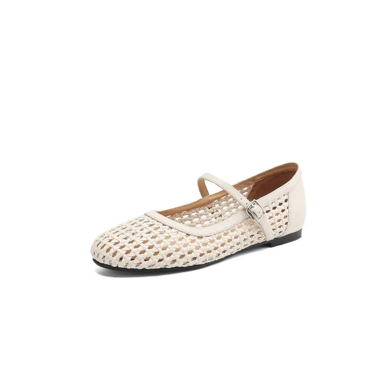 Summer 1cm low-heeled hollowed-out woven mesh single shoe with one buckle, silver flat Mary Jane women's shoes