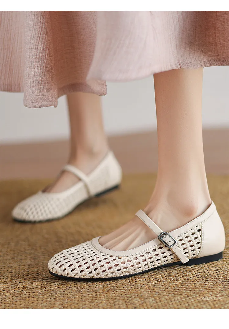 Summer 1cm low-heeled hollowed-out woven mesh single shoe with one buckle, silver flat Mary Jane women's shoes