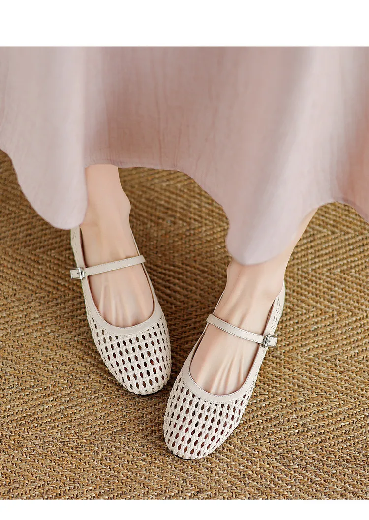 Summer 1cm low-heeled hollowed-out woven mesh single shoe with one buckle, silver flat Mary Jane women's shoes