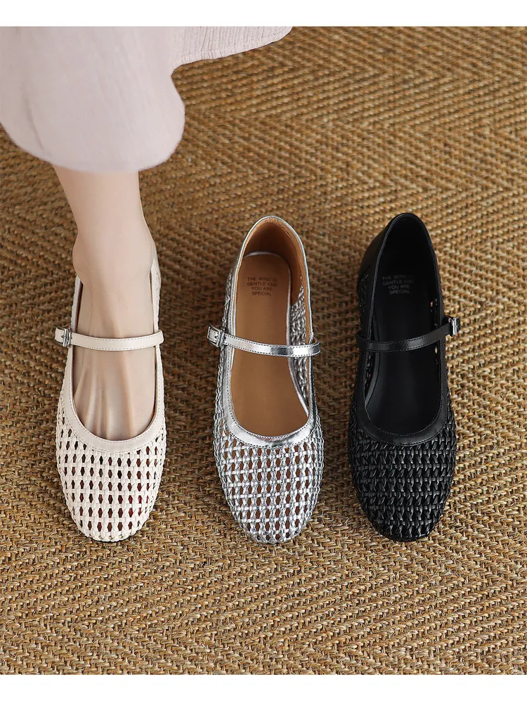 Summer 1cm low-heeled hollowed-out woven mesh single shoe with one buckle, silver flat Mary Jane women's shoes