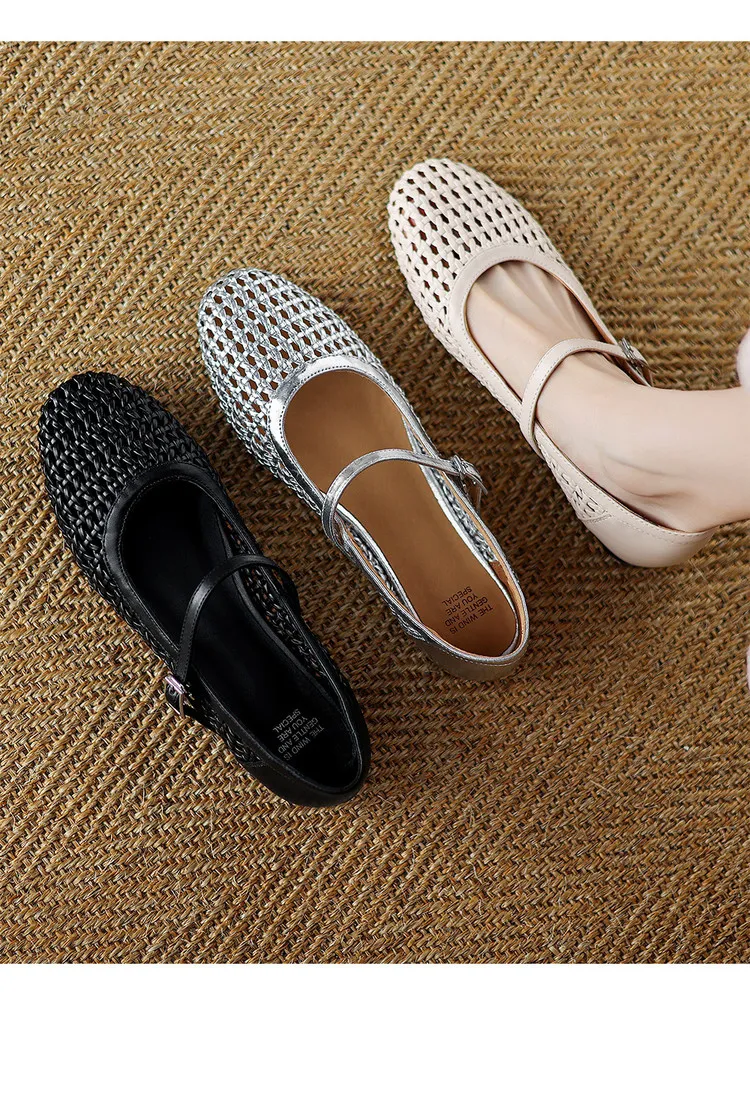 Summer 1cm low-heeled hollowed-out woven mesh single shoe with one buckle, silver flat Mary Jane women's shoes