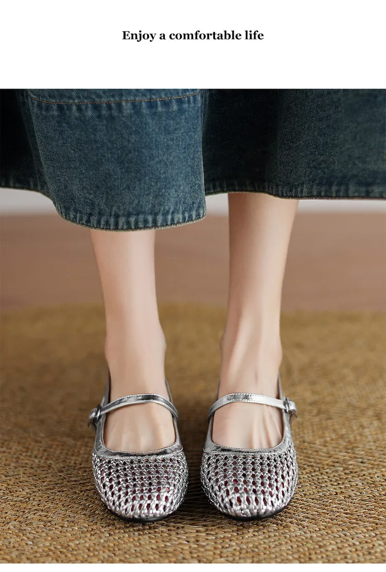 Summer 1cm low-heeled hollowed-out woven mesh single shoe with one buckle, silver flat Mary Jane women's shoes