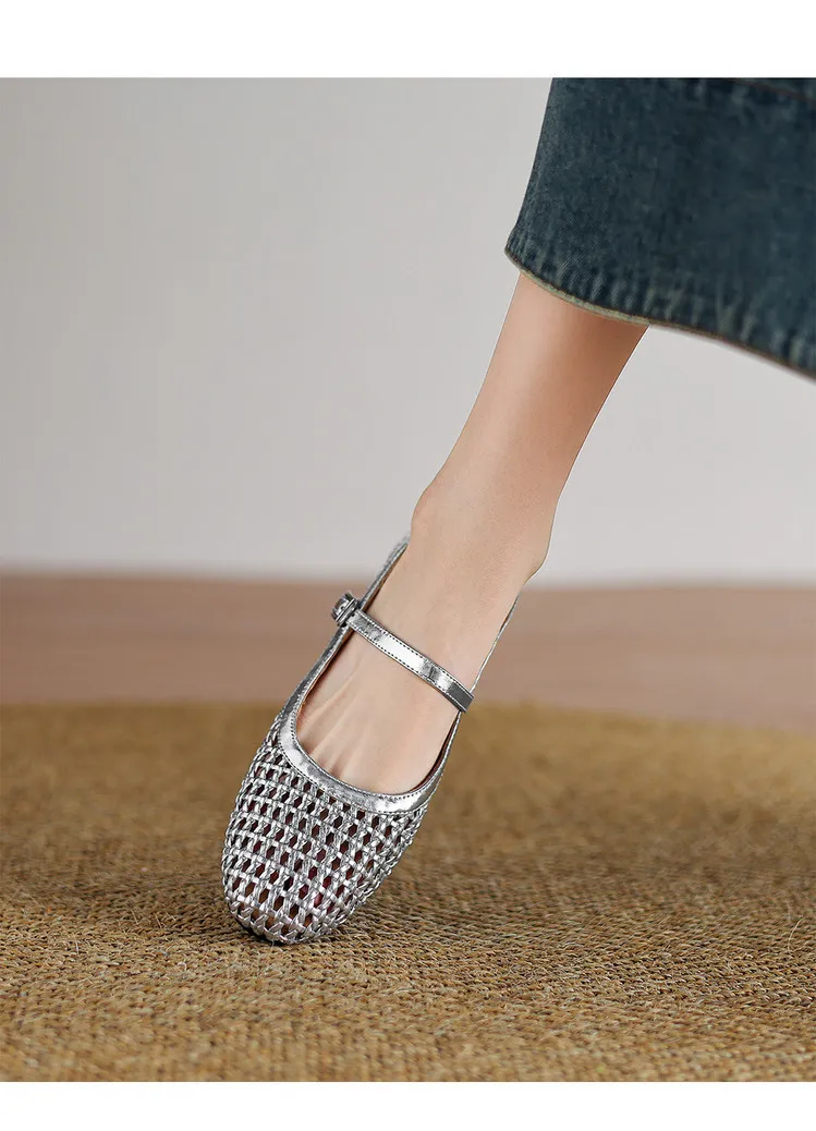 Summer 1cm low-heeled hollowed-out woven mesh single shoe with one buckle, silver flat Mary Jane women's shoes