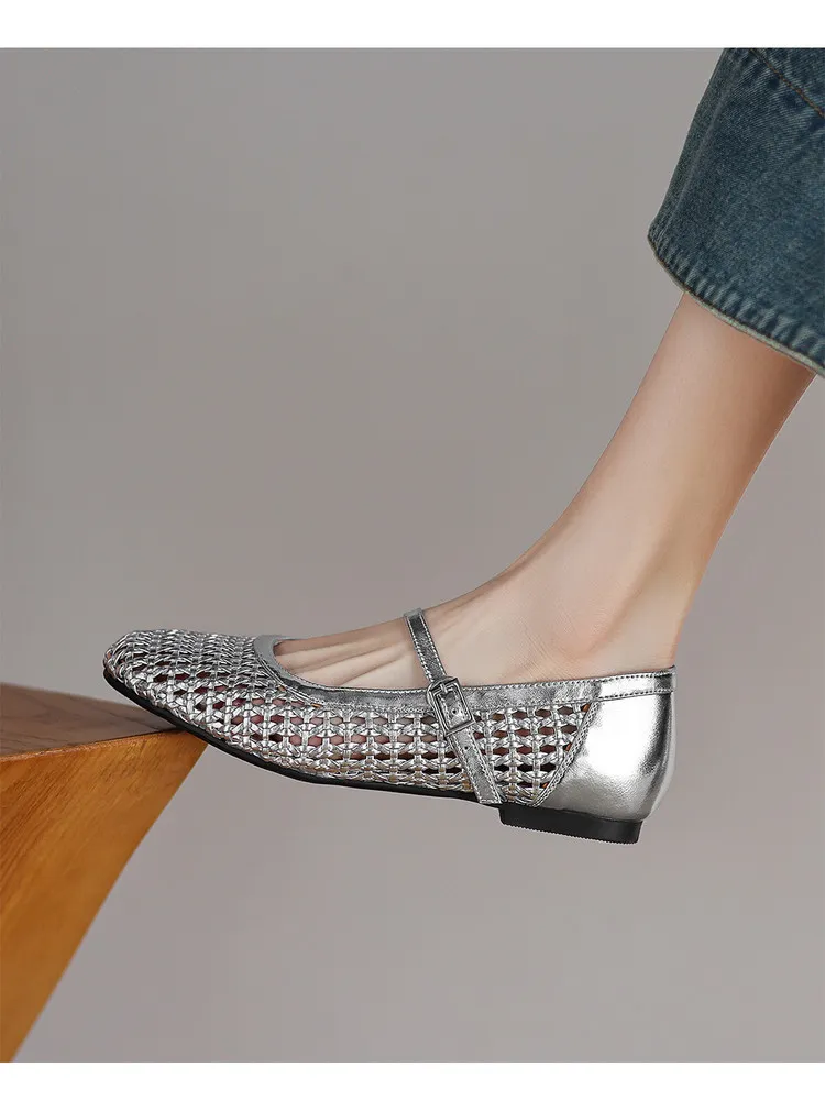 Summer 1cm low-heeled hollowed-out woven mesh single shoe with one buckle, silver flat Mary Jane women's shoes