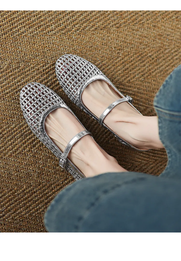 Summer 1cm low-heeled hollowed-out woven mesh single shoe with one buckle, silver flat Mary Jane women's shoes