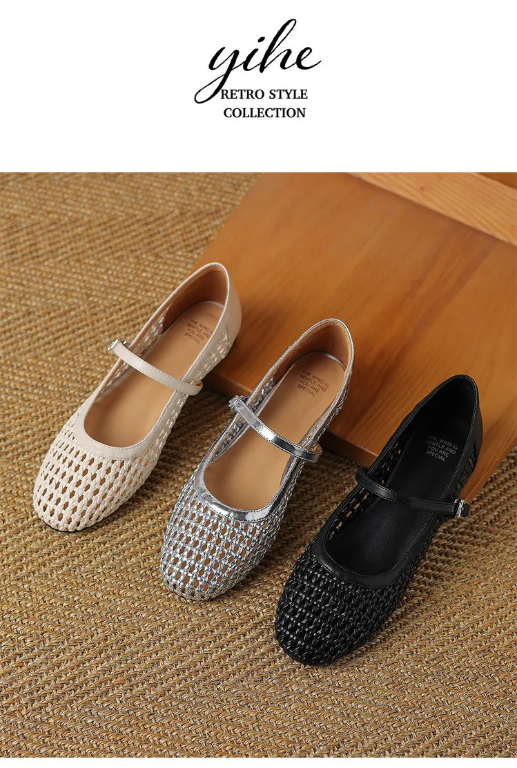 Summer 1cm low-heeled hollowed-out woven mesh single shoe with one buckle, silver flat Mary Jane women's shoes