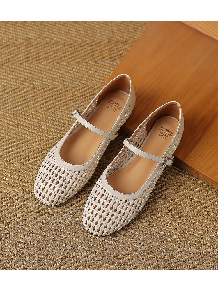 Summer 1cm low-heeled hollowed-out woven mesh single shoe with one buckle, silver flat Mary Jane women's shoes