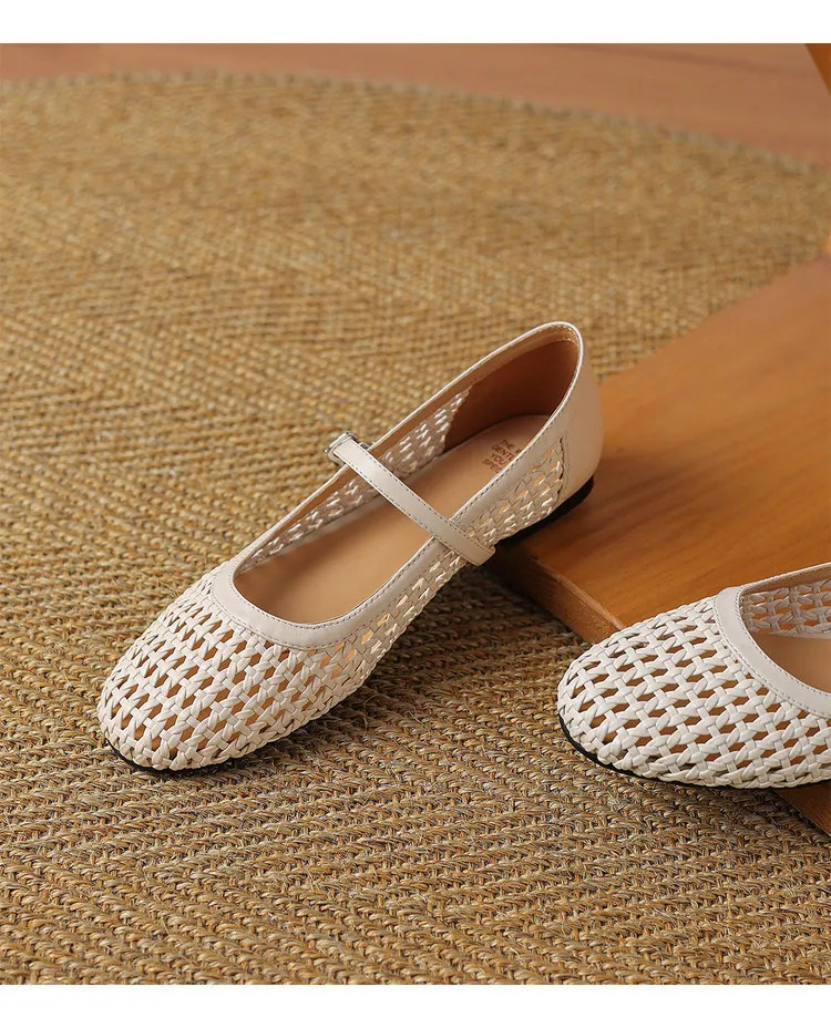 Summer 1cm low-heeled hollowed-out woven mesh single shoe with one buckle, silver flat Mary Jane women's shoes