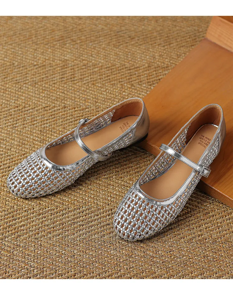 Summer 1cm low-heeled hollowed-out woven mesh single shoe with one buckle, silver flat Mary Jane women's shoes