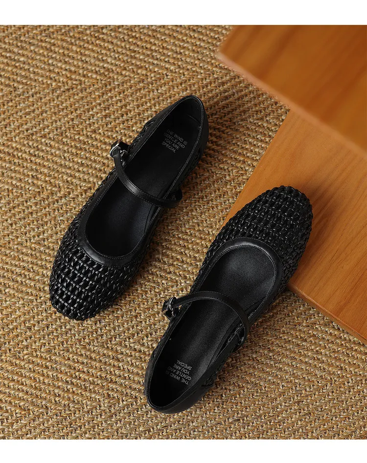 Summer 1cm low-heeled hollowed-out woven mesh single shoe with one buckle, silver flat Mary Jane women's shoes