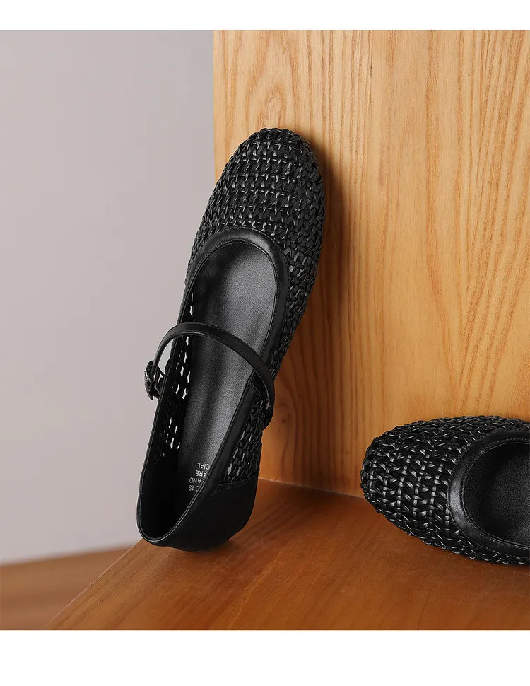 Summer 1cm low-heeled hollowed-out woven mesh single shoe with one buckle, silver flat Mary Jane women's shoes