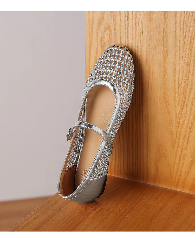 Summer 1cm low-heeled hollowed-out woven mesh single shoe with one buckle, silver flat Mary Jane women's shoes