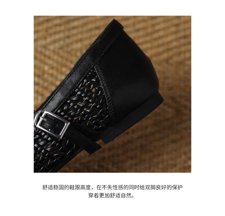 Summer 1cm low-heeled hollowed-out woven mesh single shoe with one buckle, silver flat Mary Jane women's shoes