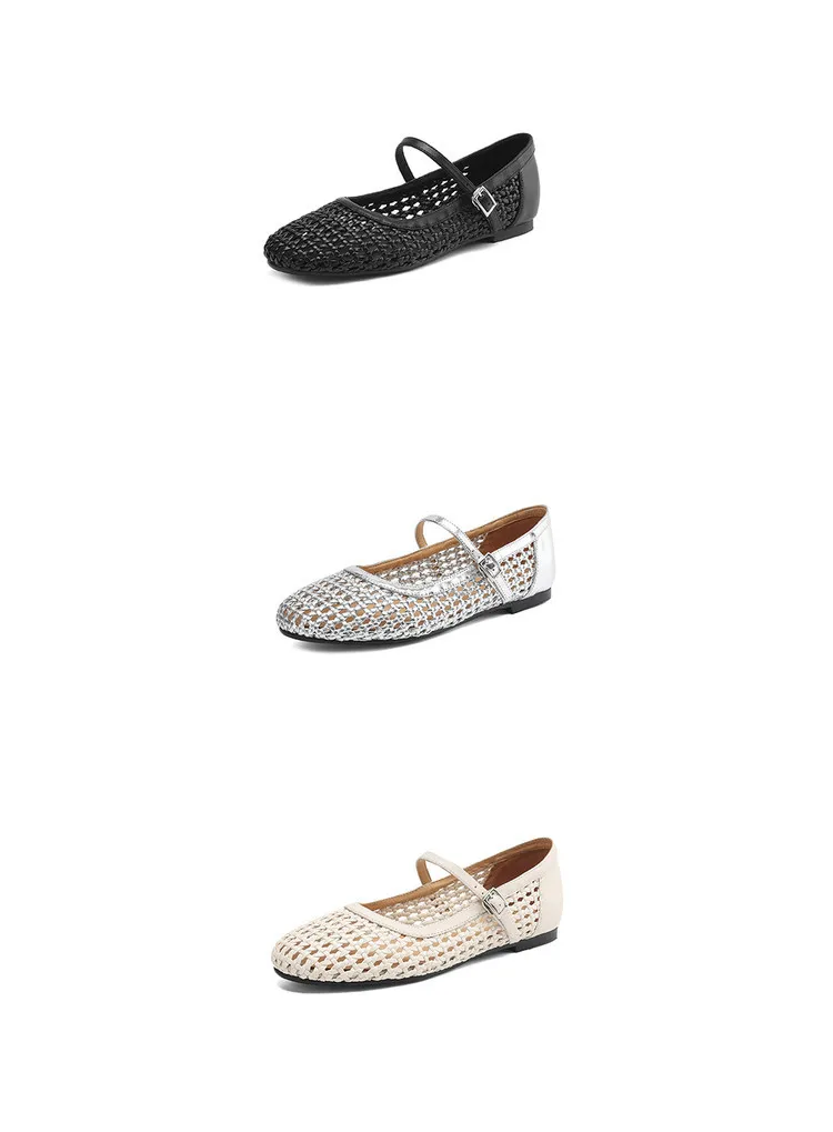 Summer 1cm low-heeled hollowed-out woven mesh single shoe with one buckle, silver flat Mary Jane women's shoes