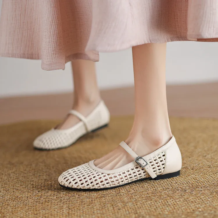 Summer 1cm low-heeled hollowed-out woven mesh single shoe with one buckle, silver flat Mary Jane women's shoes
