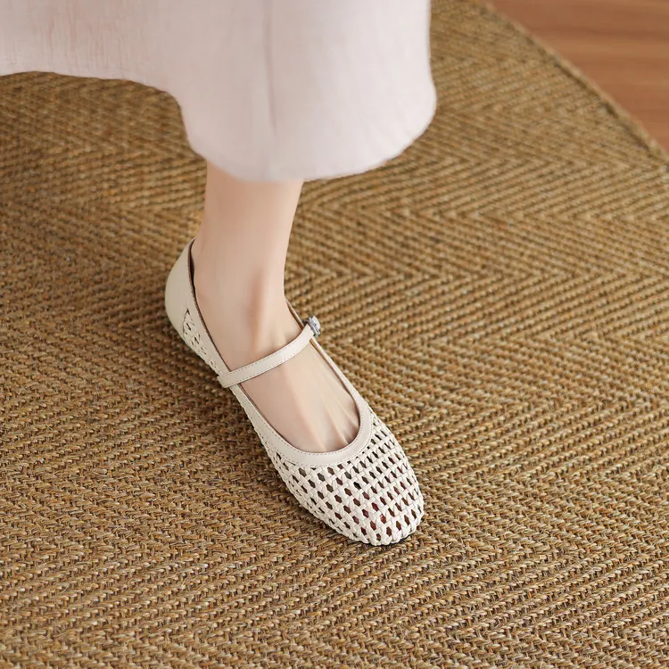 Summer 1cm low-heeled hollowed-out woven mesh single shoe with one buckle, silver flat Mary Jane women's shoes