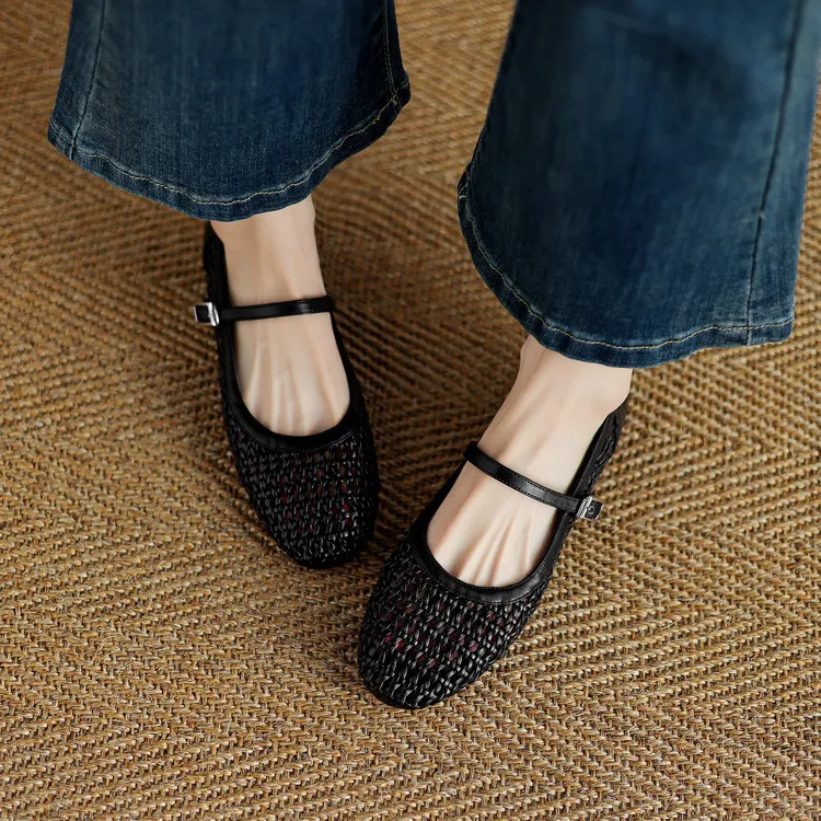 Summer 1cm low-heeled hollowed-out woven mesh single shoe with one buckle, silver flat Mary Jane women's shoes