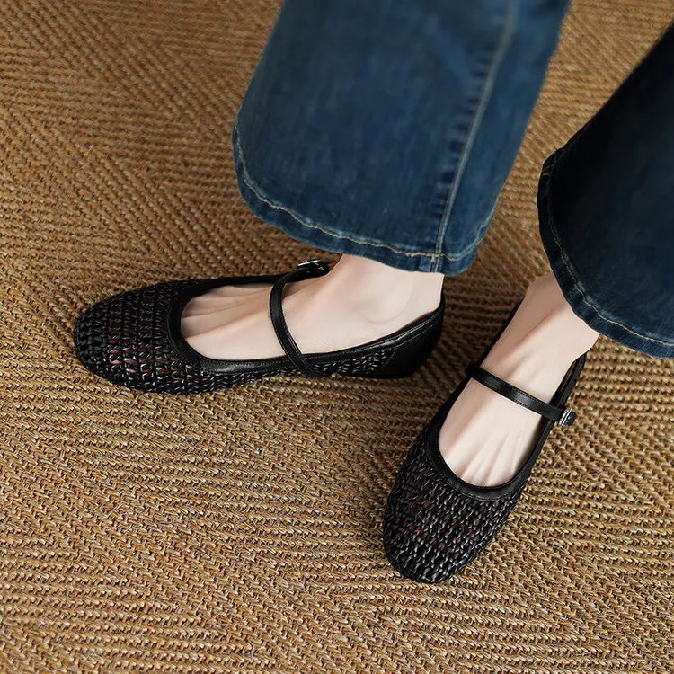 Summer 1cm low-heeled hollowed-out woven mesh single shoe with one buckle, silver flat Mary Jane women's shoes