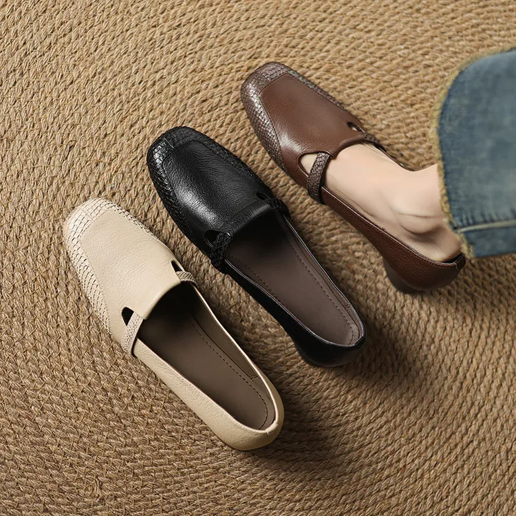 Spring/Summer Square Toe Flats, Chunky Heel, Soft Leather, Comfortable Women's Shoes, 5-26a