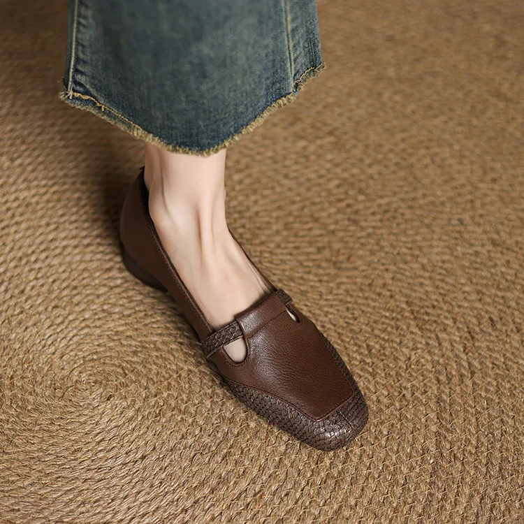 Spring/Summer Square Toe Flats, Chunky Heel, Soft Leather, Comfortable Women's Shoes, 5-26a