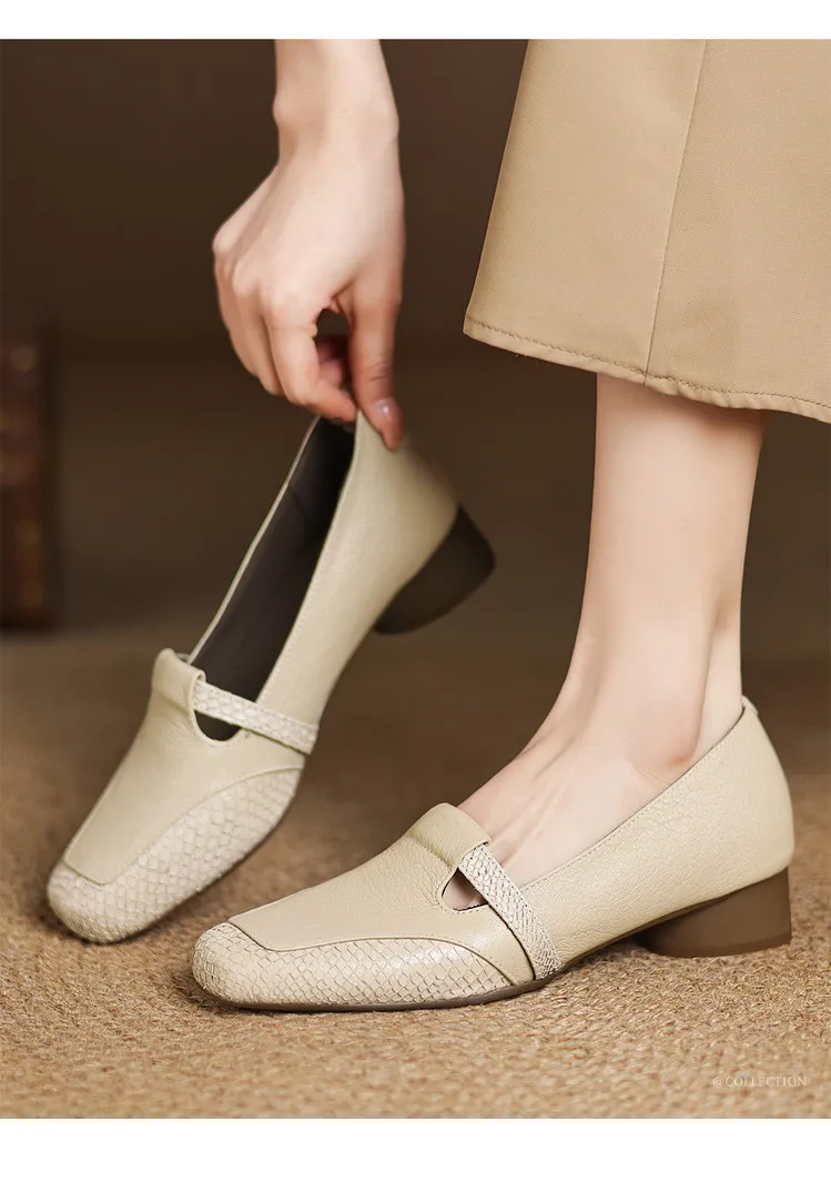 Spring/Summer Square Toe Flats, Chunky Heel, Soft Leather, Comfortable Women's Shoes, 5-26a