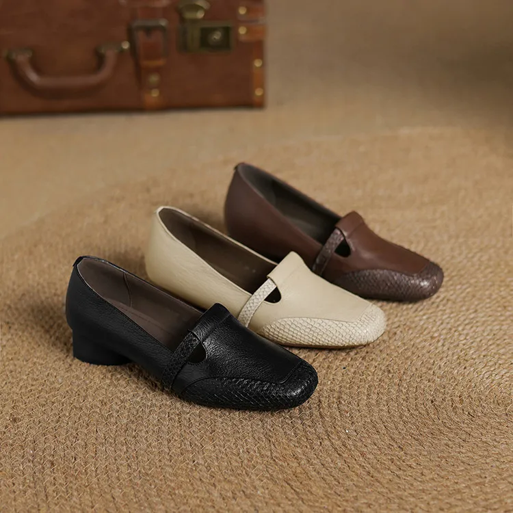Spring/Summer Square Toe Flats, Chunky Heel, Soft Leather, Comfortable Women's Shoes, 5-26a