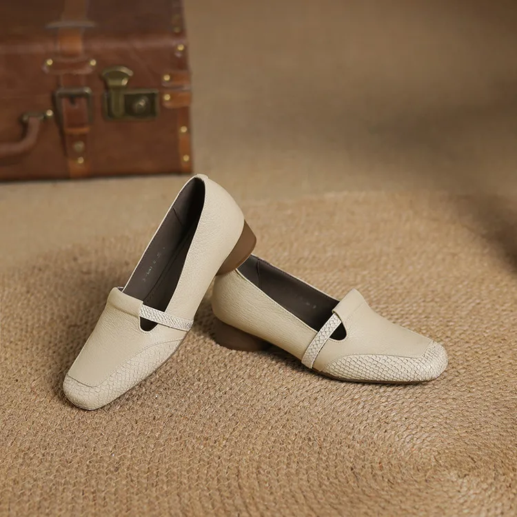 Spring/Summer Square Toe Flats, Chunky Heel, Soft Leather, Comfortable Women's Shoes, 5-26a