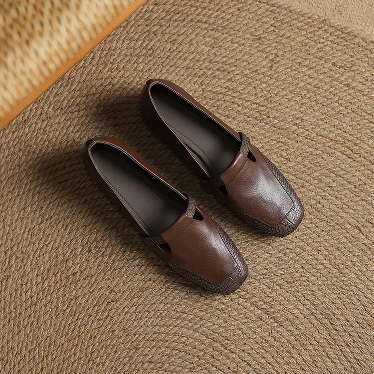 Spring/Summer Square Toe Flats, Chunky Heel, Soft Leather, Comfortable Women's Shoes, 5-26a
