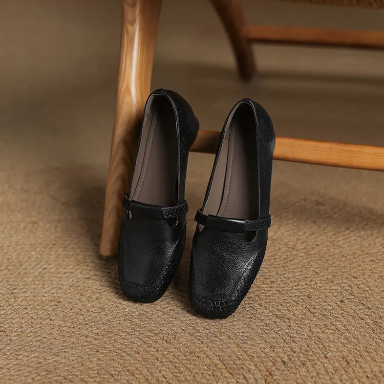 Spring/Summer Square Toe Flats, Chunky Heel, Soft Leather, Comfortable Women's Shoes, 5-26a