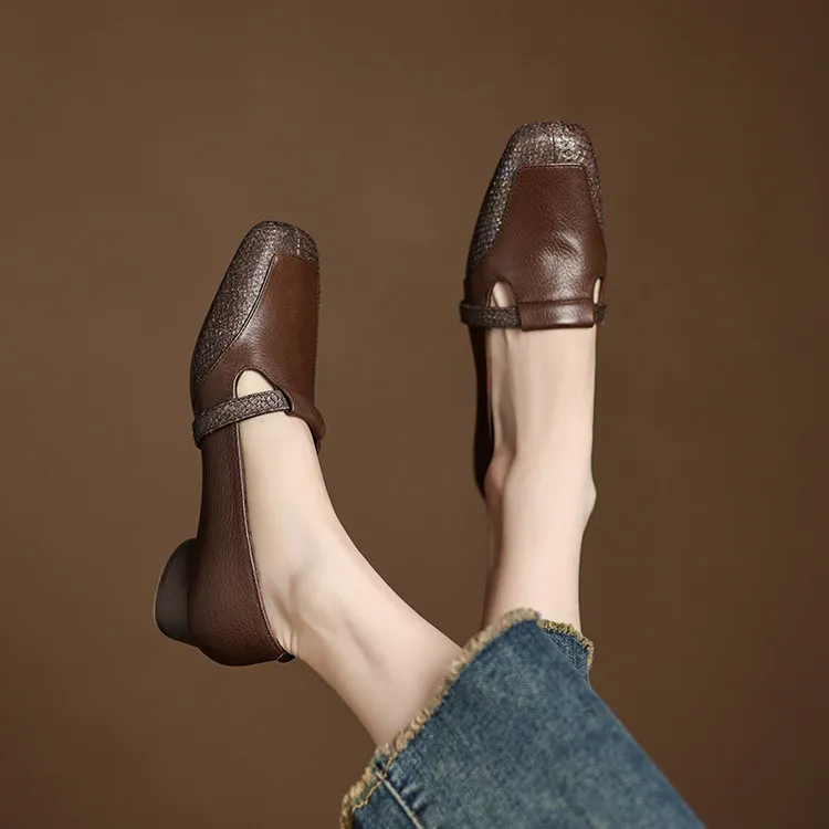 Spring/Summer Square Toe Flats, Chunky Heel, Soft Leather, Comfortable Women's Shoes, 5-26a