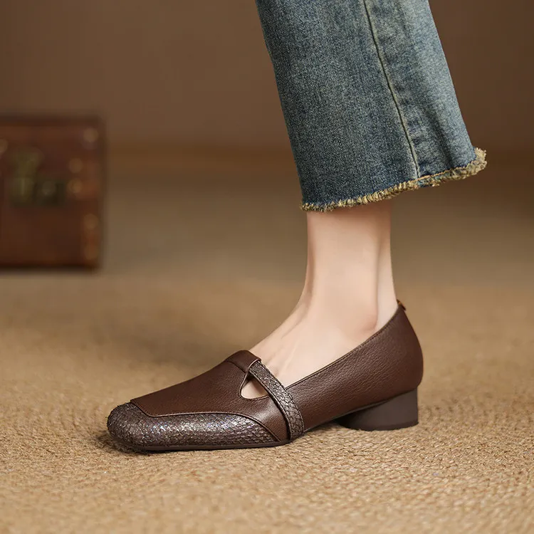 Spring/Summer Square Toe Flats, Chunky Heel, Soft Leather, Comfortable Women's Shoes, 5-26a