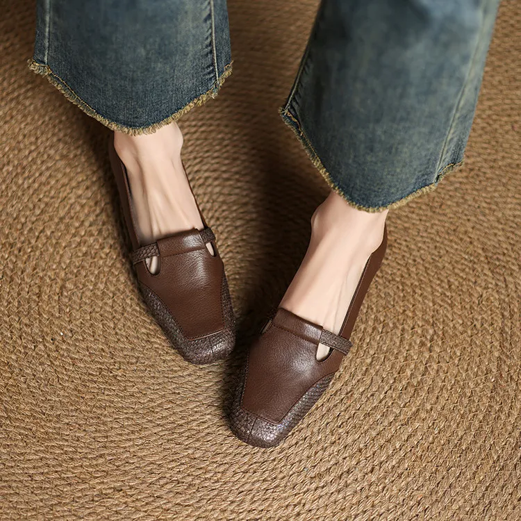 Spring/Summer Square Toe Flats, Chunky Heel, Soft Leather, Comfortable Women's Shoes, 5-26a